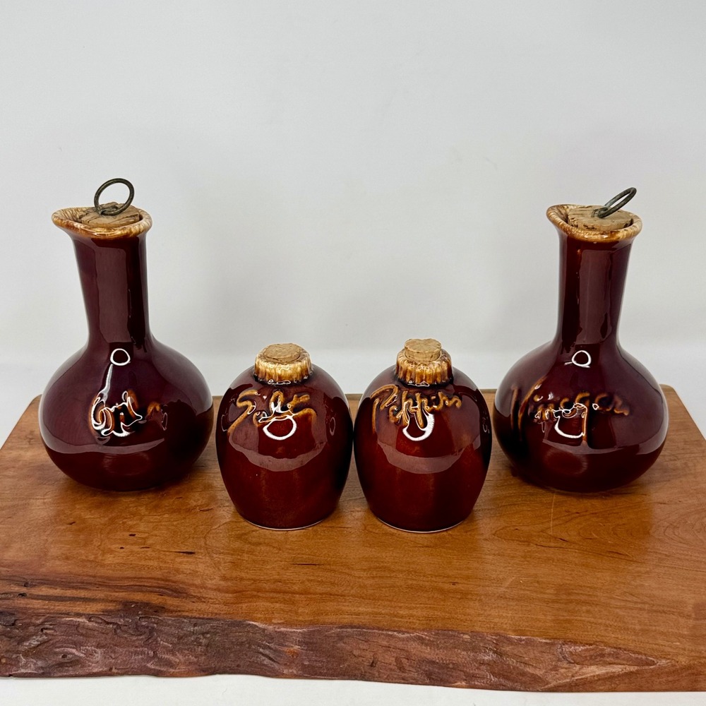 Vintage Hull Pottery Salt Pepper Oil Vinegar Set 4pc Mirror Brown Drip Glaze